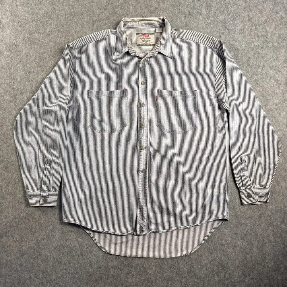 Vintage Levi's Shirt Men's Large Blue White Striped Denim Work Engineer Chore